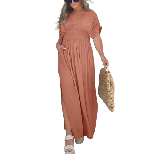 Bat-sleeved V-neck Slit Summer Dress